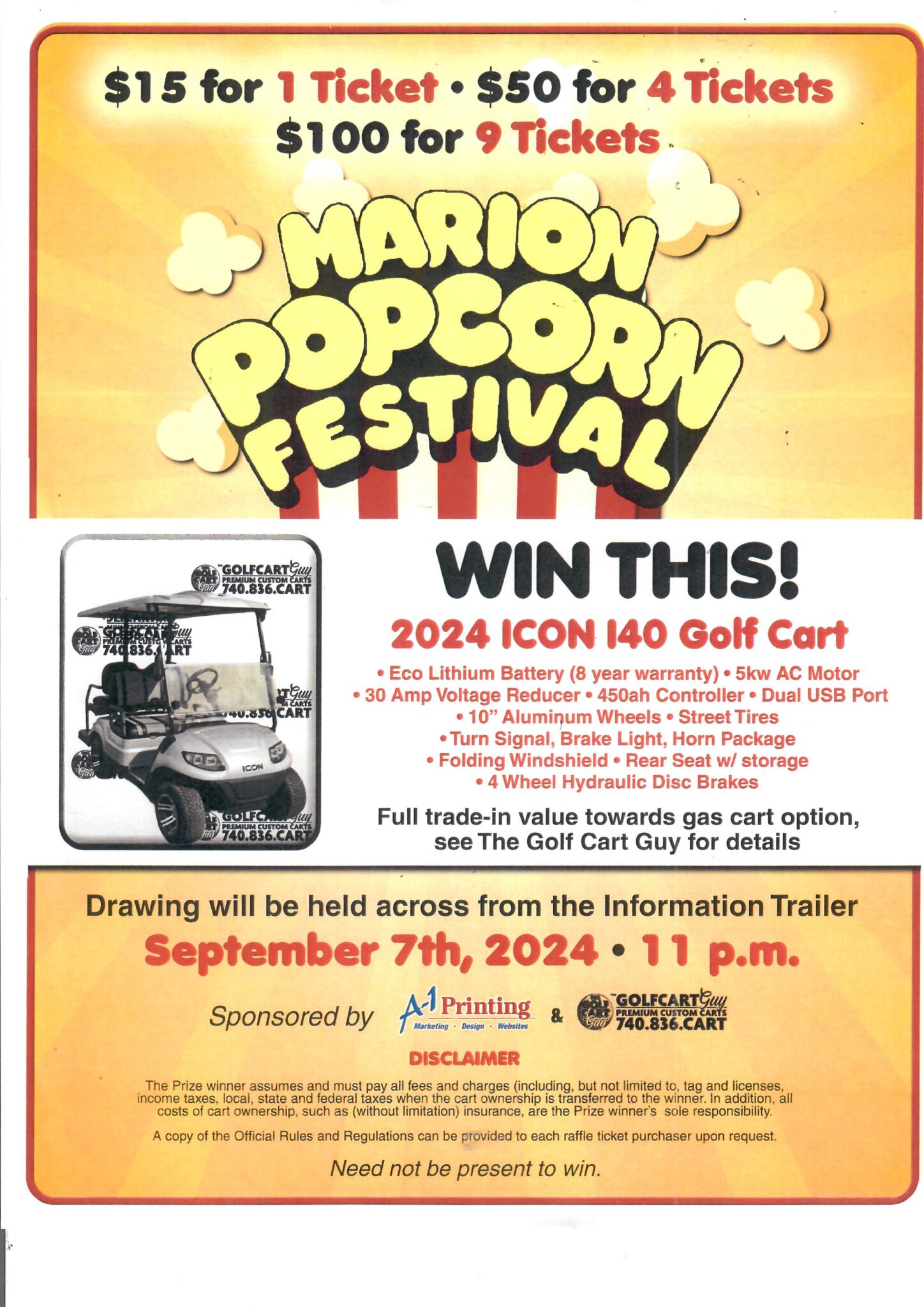 Win a 2024 Icon I40 Golf Cart Marion Popcorn Festival